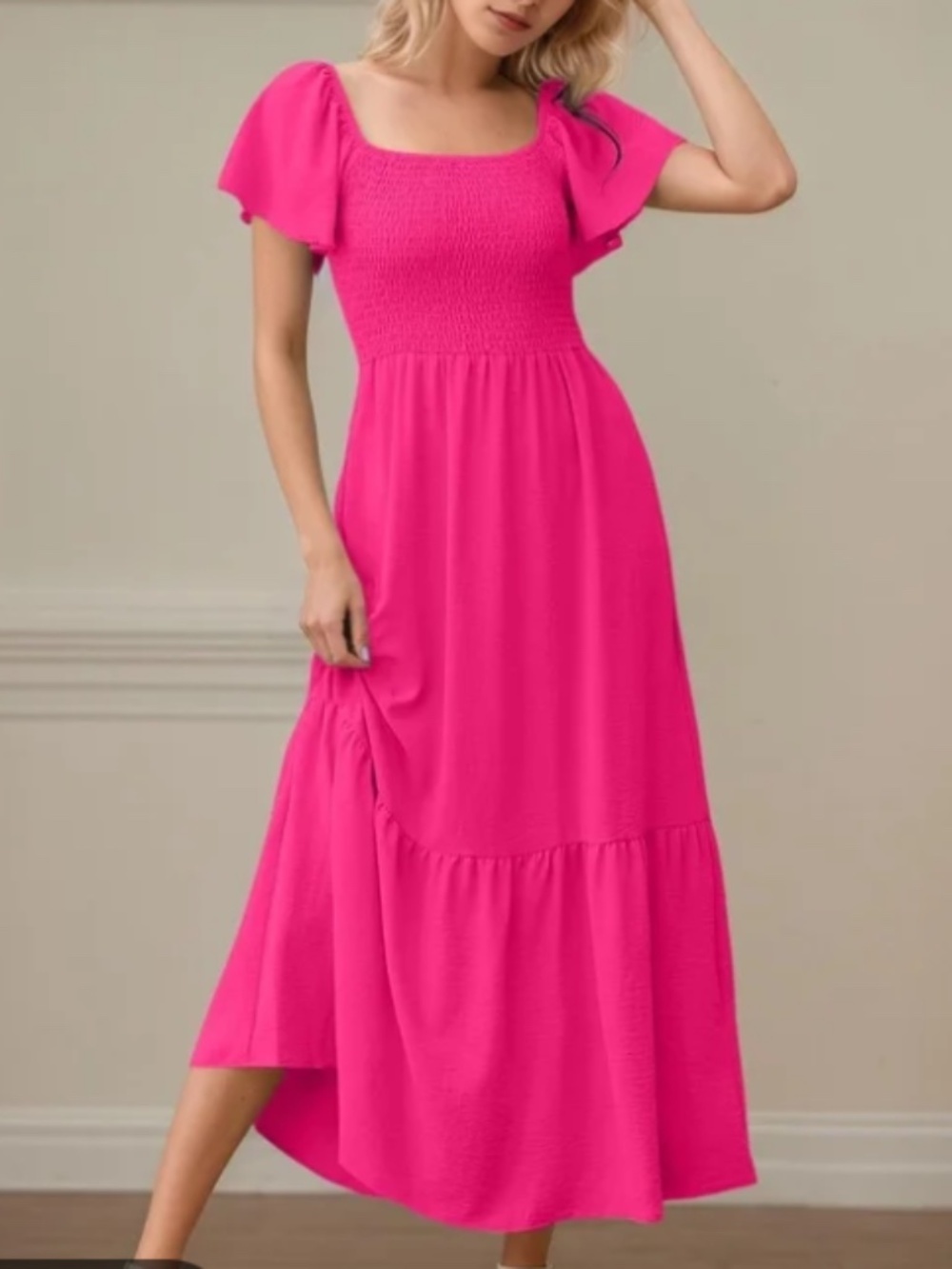 Hot Pink Smocked Cutout Back Summer Boho Flowy Barbie Midi Dress Size 2X